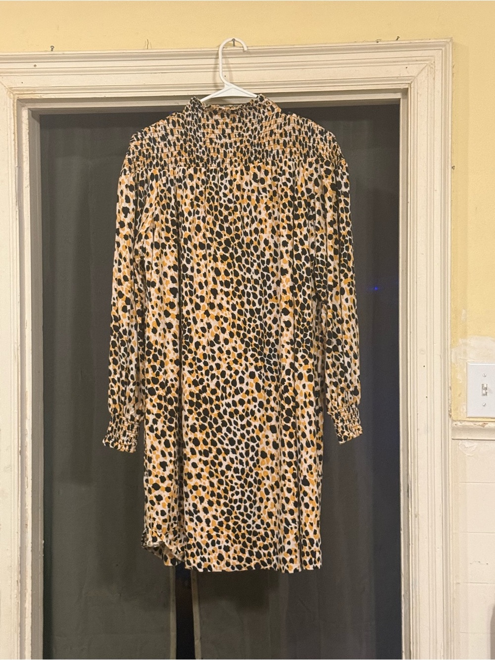 Ann Taylor Leopard Print Smocked Neck Long Sleeve Dress - Black & Tan